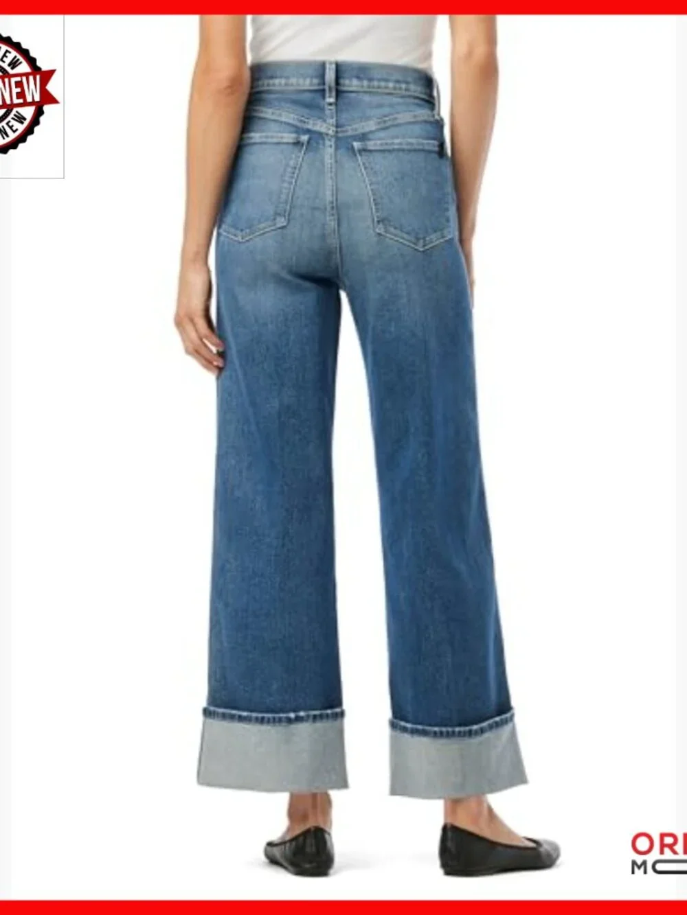 High Rise Wide Leg Denim Trousers with Slant Pockets and Cuffs - Picture 3 of 7
